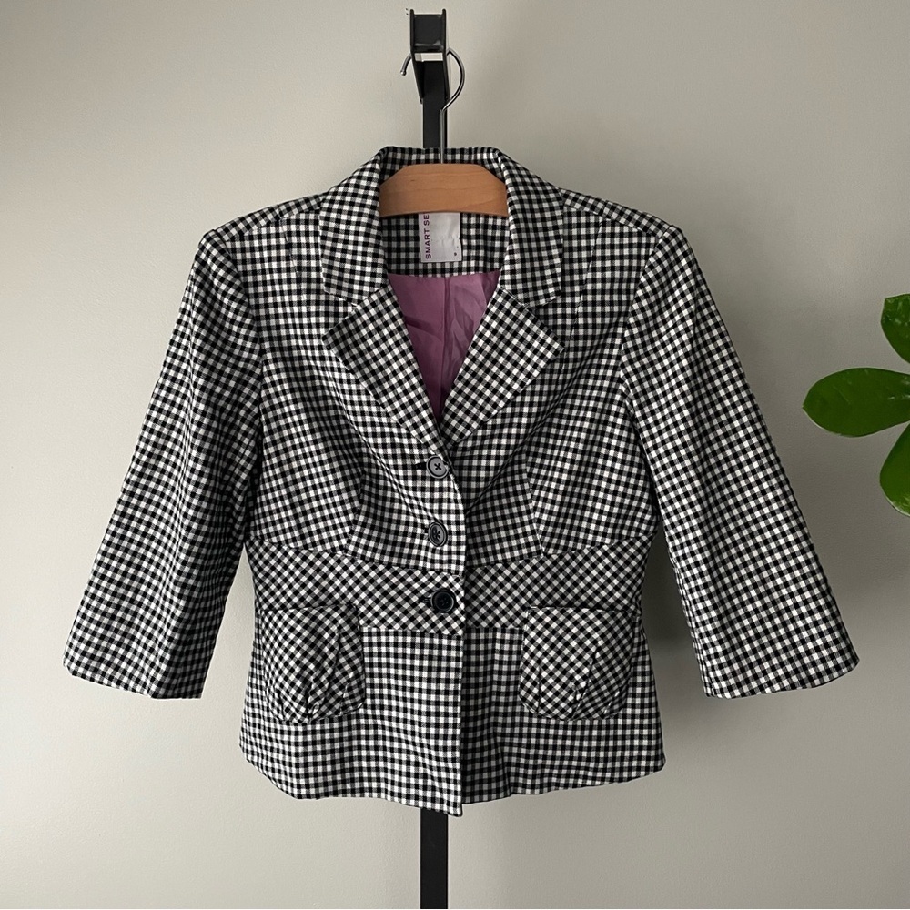 Y2K Vintage Gingham Cropped Sleeve Blazer Black White Short Medium